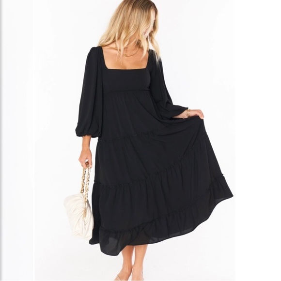 Womens Show Me Your MuMu Elaina Midi Dress Black Smocked Long Sleeve Sun… - Picture 3 of 8